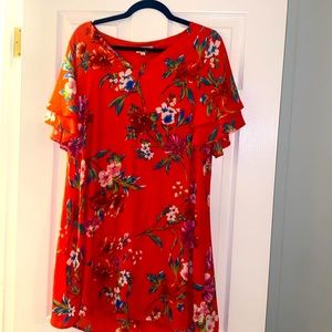 Andree by Unit Red multi floral vneck flutter sleeve dress